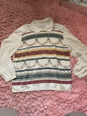 Vintage Cottagecore Floral Embroidered Sweater L Alfred Dunner Collared Grandma